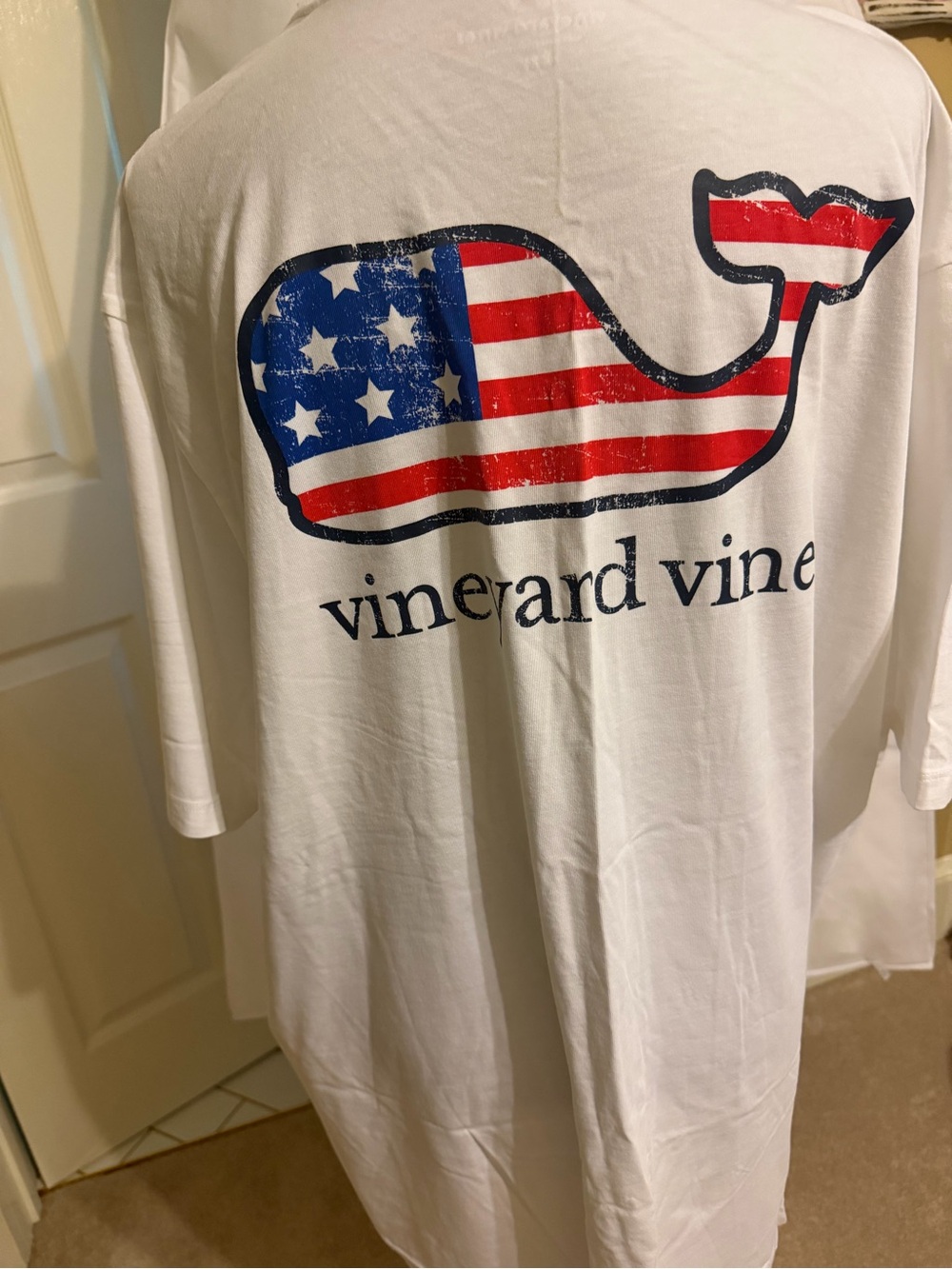 Vineyard Vines White Tee with Red, Blue and Navy Flag Whale
